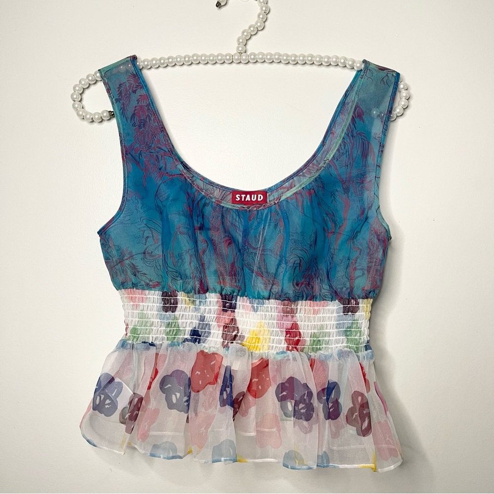 STAUD Blue and White Bustier Peplum Tank Top